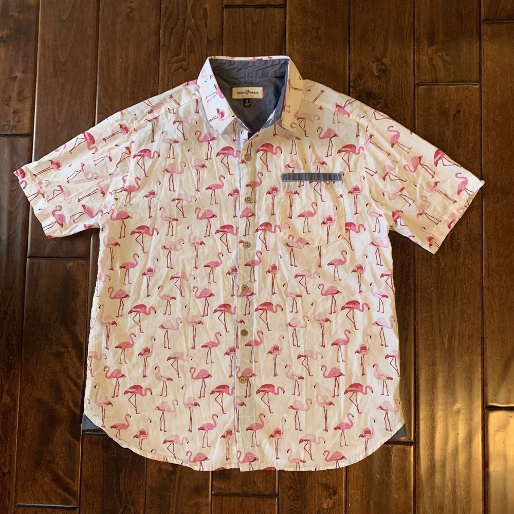Pacific Marlin Mens L Short Sleeve Button Up 100% Cotton Pink Flamingo RN157991